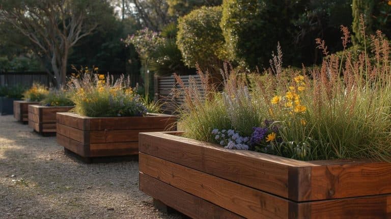Timber raised garden beds along a gravel path in an Adelaide garden